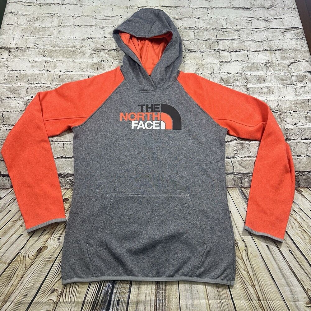 The North Face Hoodie Womens Medium Gray Orange Thumb Holes Kangaroo Pocket‎